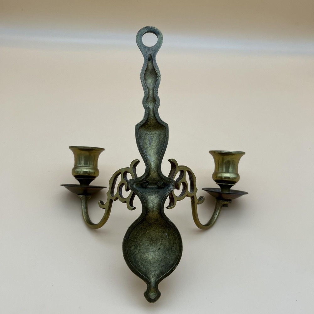 Vintage Solid Brass 2 Arm Candle Holder Wall Mounted Sconce Candelabra 10" - Picture 3 of 3
